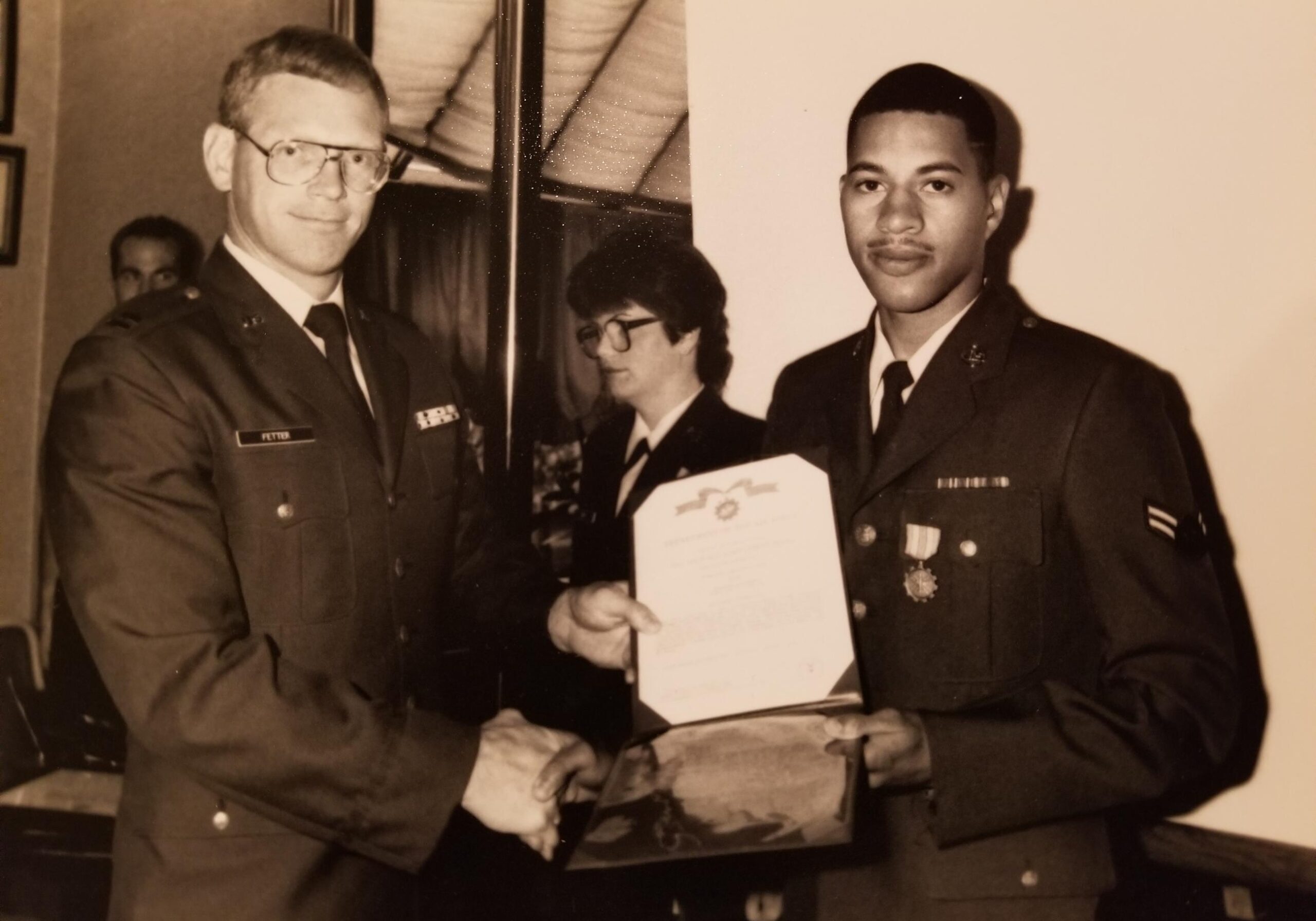 A young Avery Ayers receiving recognition while serving in the U.S. Air Force